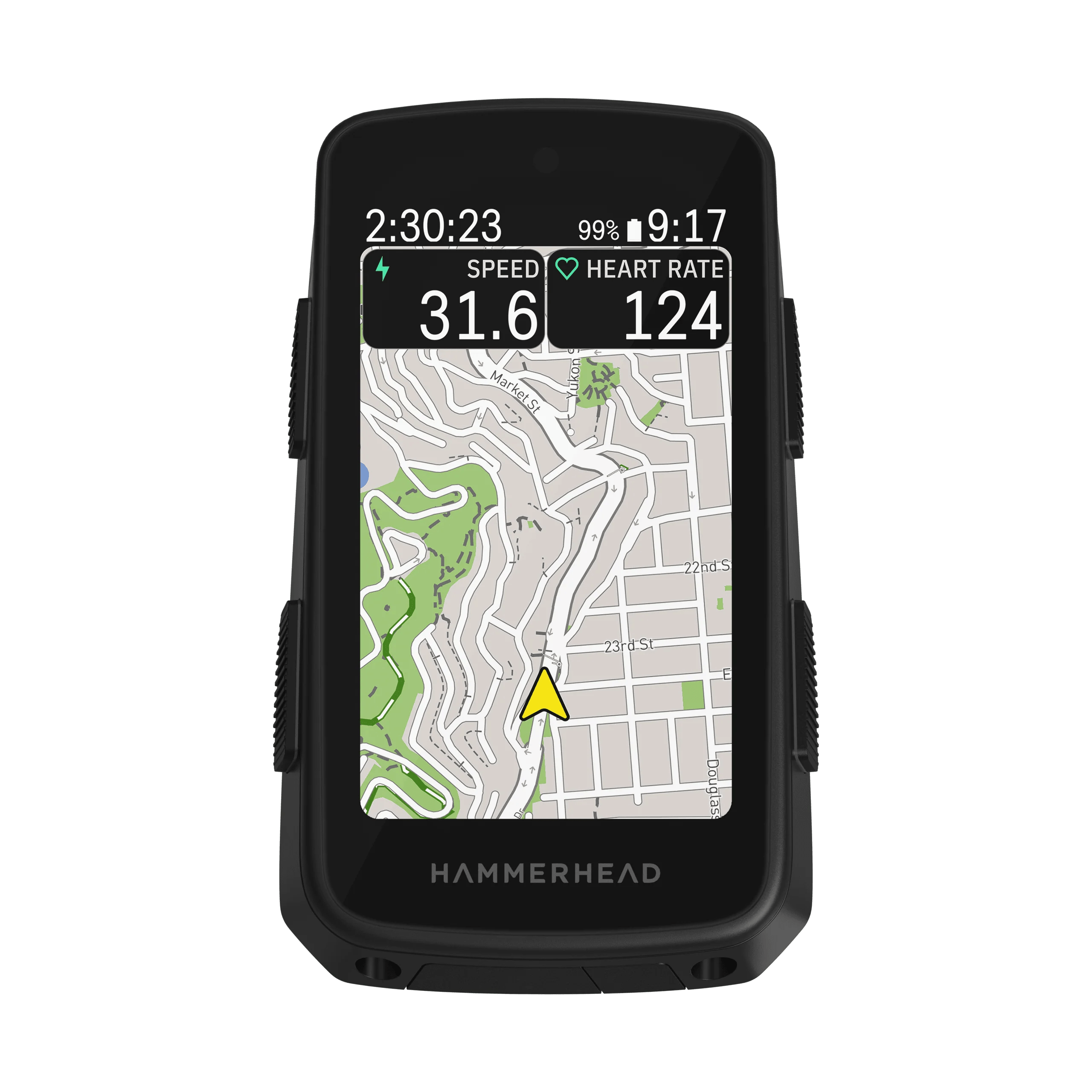 A GPS computer for gravel bikes with a large, easy-to-read screen showing turn-by-turn directions and battery life.