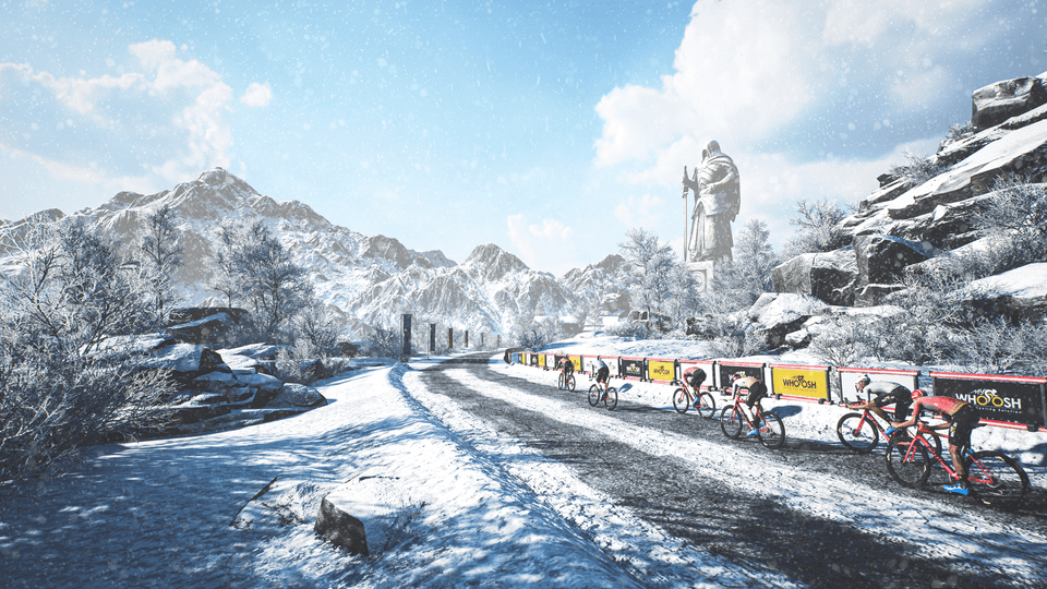 MyWhoosh virtual cycling race with riders on smart trainers competing in realistic 3D environments