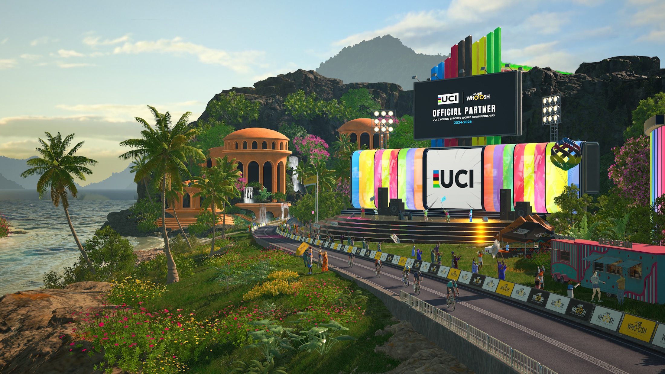 Cyclist training indoors on MyWhoosh virtual cycling app, showing realistic UK routes on smart traine